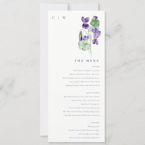 Monogram Violet Floral Bunch Wedding Menu Card