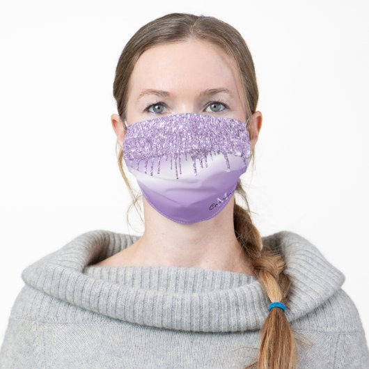 Monogram Violet Purple Dripping Glitter Metallic Adult Cloth Face Mask (Worn)