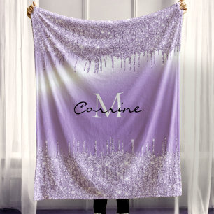 Monogram Violet Purple Dripping Glitter Metallic Fleece Blanket