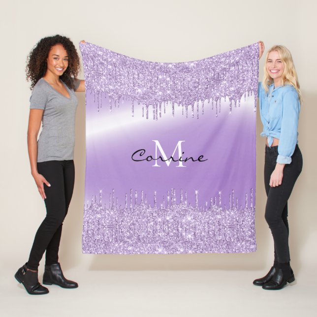 Monogram Violet Purple Dripping Glitter Metallic Fleece Blanket (In Situ)