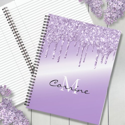 Monogram Violet Purple Dripping Glitter Metallic Notebook