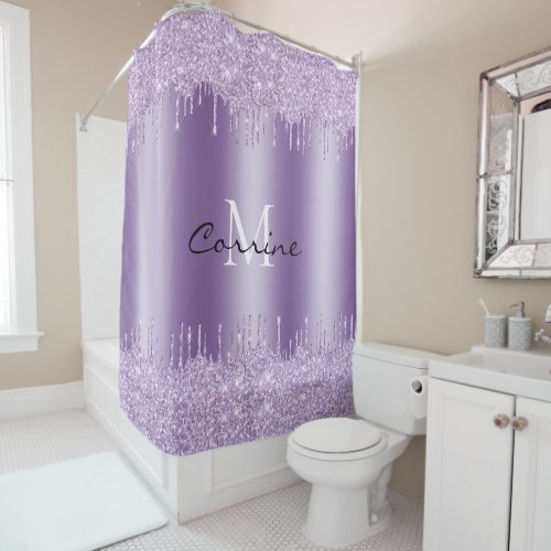 Monogram Violet Purple Dripping Glitter Metallic Shower Curtain