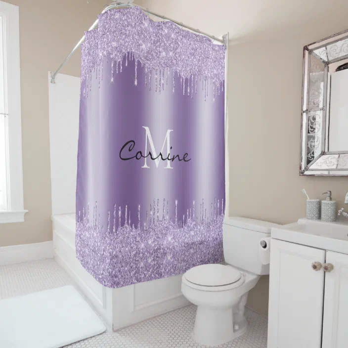 Monogram Violet Purple Dripping Glitter, Zazzle Shower Curtain