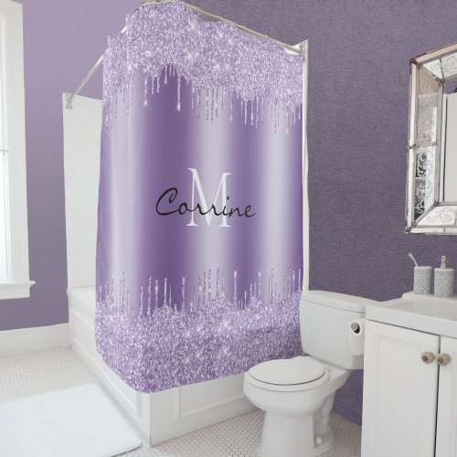 Monogram Violet Purple Dripping Glitter Metallic Shower Curtain