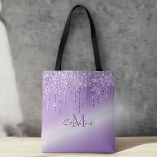 Monogram Violet Purple Dripping Glitter Metallic Tote Bag