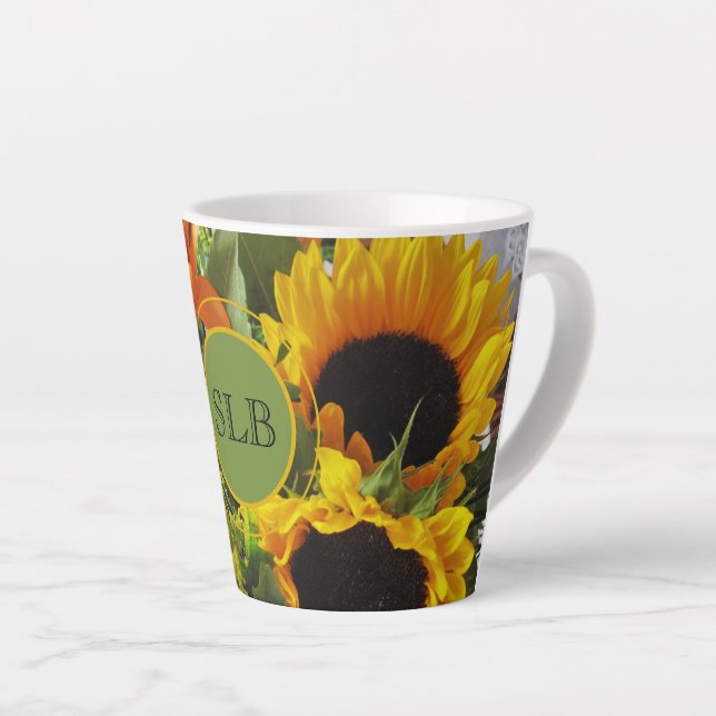 Monogram Vivid Sunflowers Photo Print 12oz Latte Mug (Right Angle)