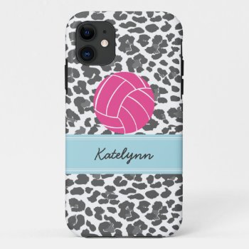 Monogram Volleyball Gray Leopard Print Phone Case by stripedhope at Zazzle