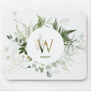Monogram W Elegant Greenery Mouse Pad