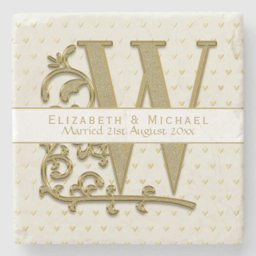 Monogram W GOLD Wedding Newlyweds Commemorative Stone Coaster