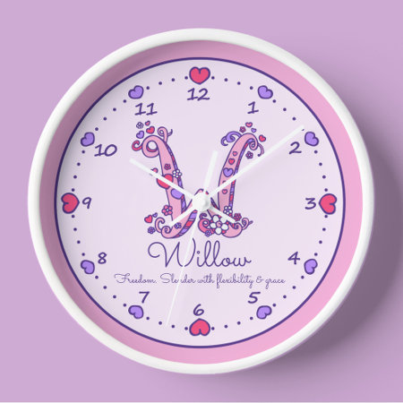 Monogram W Hearts Girls Name Meaning Pink Clock