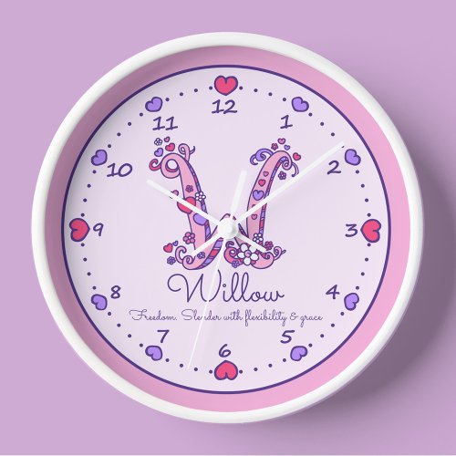 Monogram W hearts girls name meaning pink clock