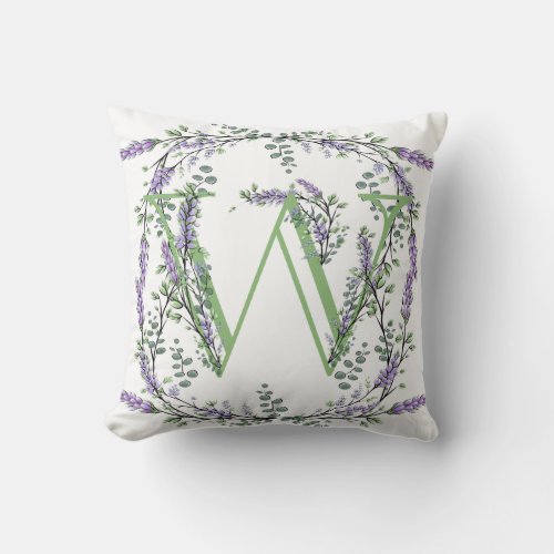 Monogram W Lavender Eucalyptus Throw Pillow