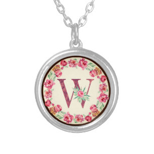 Monogram W Letter with Peony Flower Image Silver Plated Necklace