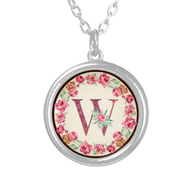 Monogram W Letter with Peony Flower Image Silver Plated Necklace (Front)