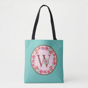 Monogram W Letter with Peony Flower Image Tote Bag