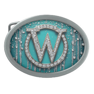 Monogram W on Teal Dripping Glitter Belt Buckle