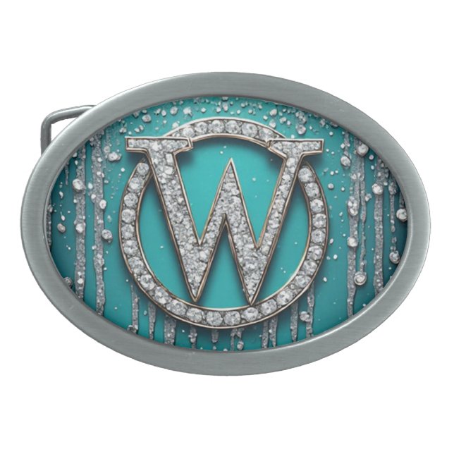 Monogram W on Teal Dripping Glitter Belt Buckle (Front)