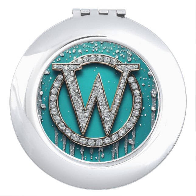 Monogram W on Teal Dripping Glitter Compact Mirror (Front)