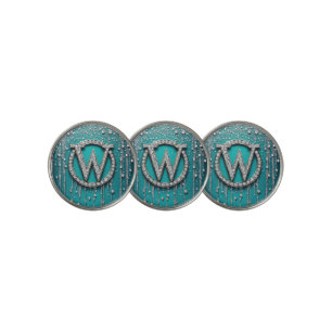 Monogram W on Teal Dripping Glitter Golf Ball Marker