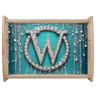 Monogram W on Teal Dripping Glitter Serving Tray