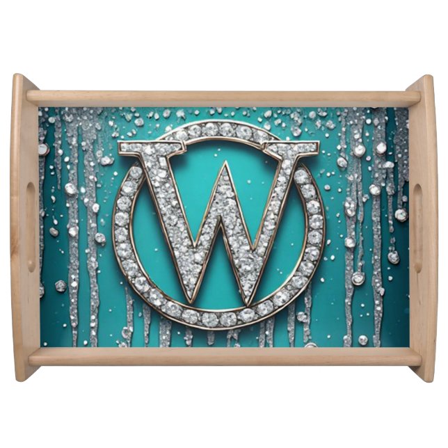 Monogram W on Teal Dripping Glitter Serving Tray (Front)