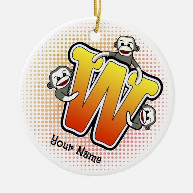 Monogram W Sock Monkey  Ceramic Ornament (Front)