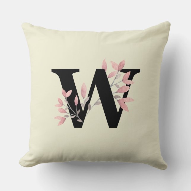 Monogram W with Pink Floral Sprays Throw Pillow (Front)