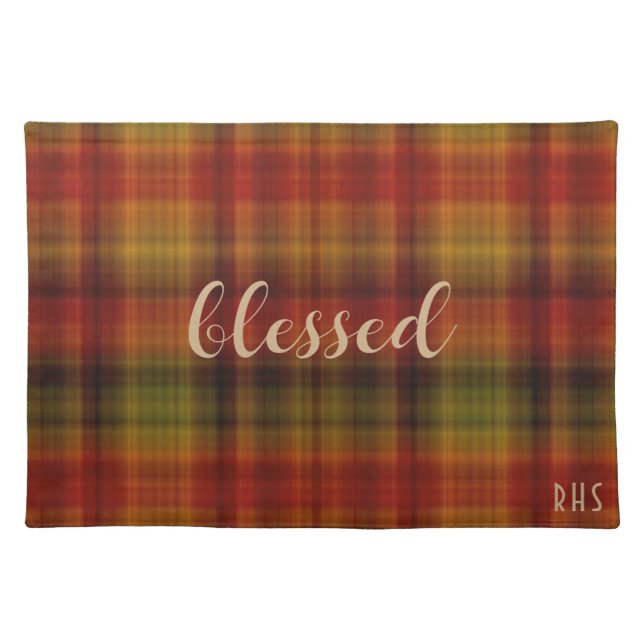 Monogram, Warm Autumn Plaid blessed 20x14 Cloth Placemat (Front)