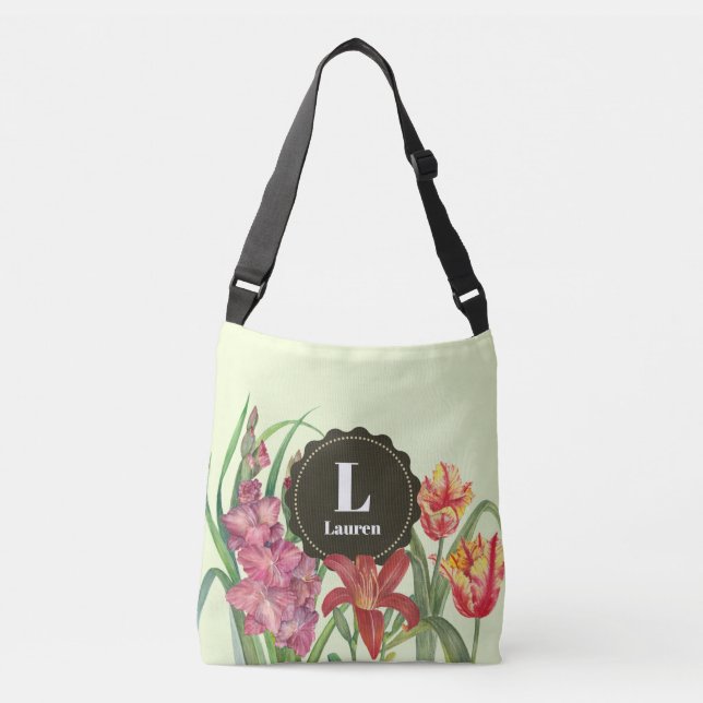 Monogram Warm Color Floral Spring Blooms Crossbody Bag (Front)