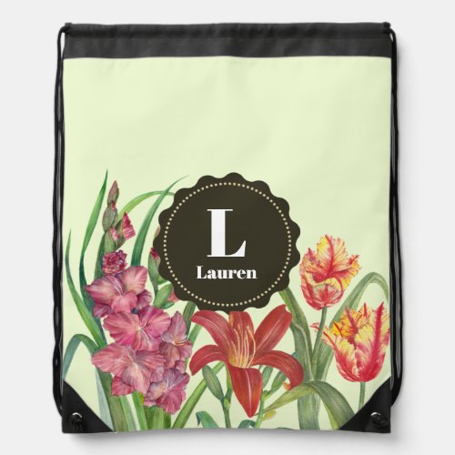 Monogram Warm Color Floral Spring Blooms Drawstring Bag