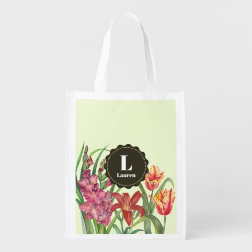 Monogram Warm Color Floral Spring Blooms Grocery Bag
