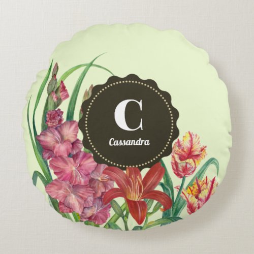 Monogram Warm Color Floral Spring Blooms Round Pillow