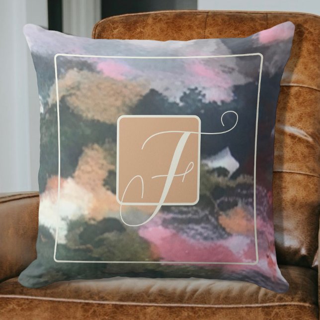 Monogram watercolor abstract brown orange pink  throw pillow (Creator Uploaded)