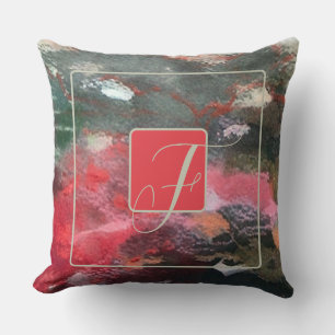 Monogram watercolor abstract red brown pink throw pillow
