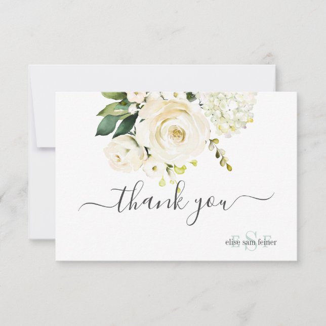 Monogram Watercolor Alabaster Roses Hydrangea Thank You Card (Front)