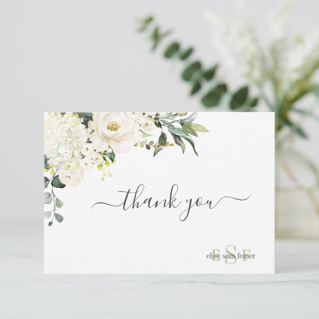 Monogram Watercolor Alabaster Roses Hydrangea Thank You Card (Standing Front)
