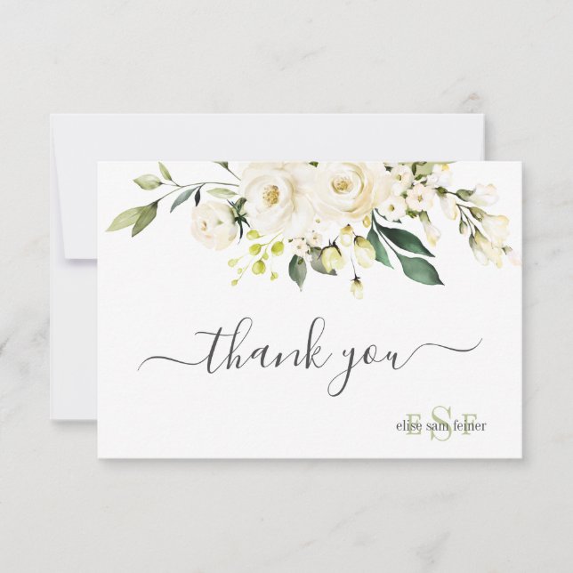 Monogram Watercolor Alabaster Roses Thank You Card (Front)