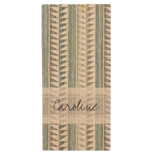 Monogram Watercolor Aqua Geo Ikat Stripes Pattern Wood Flash Drive