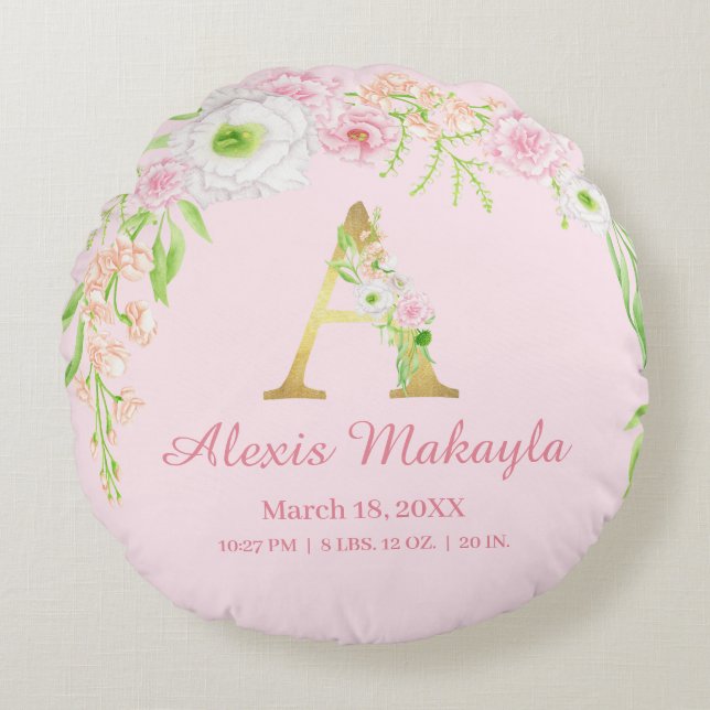 Monogram Watercolor Baby Stats Round Pillow (Front)