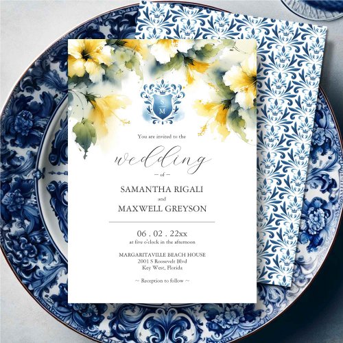 Monogram Watercolor Blue and Yellow Wedding Invitation