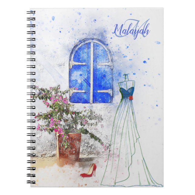 Monogram Watercolor Blue Bridal Custom Notebook (Front)