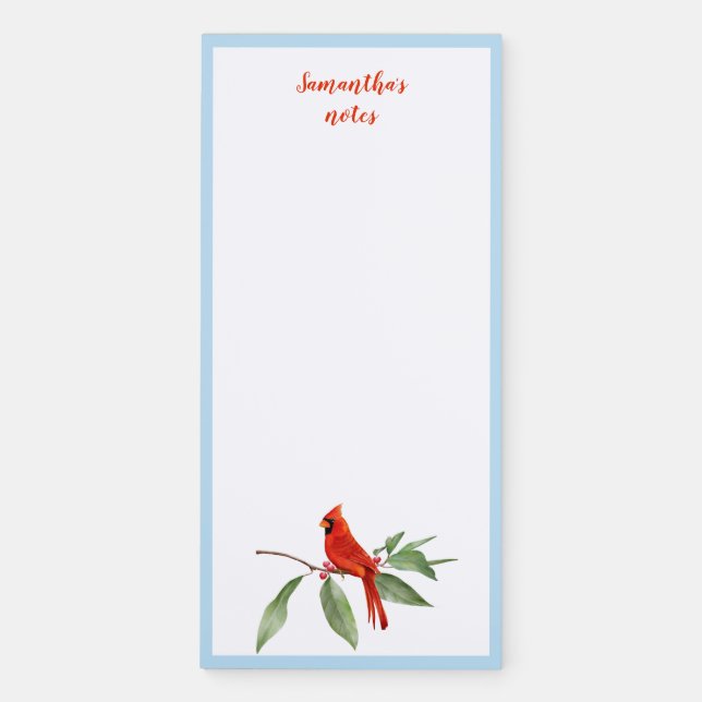 Monogram Watercolor Blue Green Red Cardinal Bird Magnetic Notepad (Front)