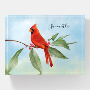 Monogram Watercolor Blue Green Red Cardinal Bird Paperweight