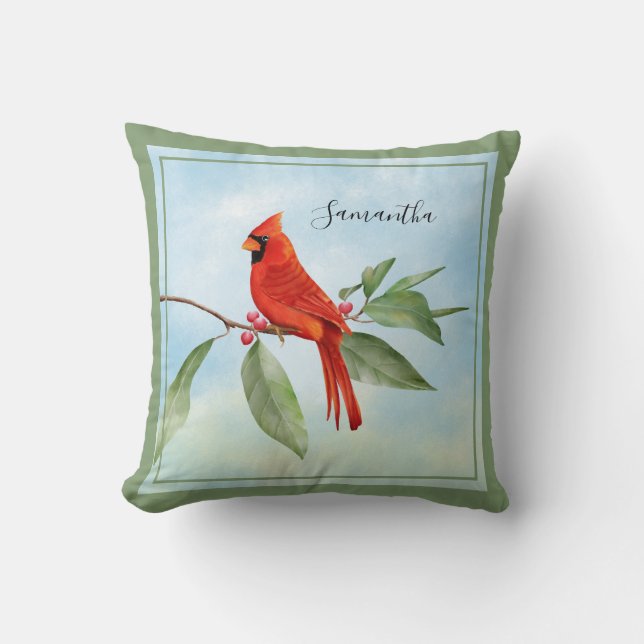 Monogram Watercolor Blue Green Red Cardinal Bird Throw Pillow (Front)