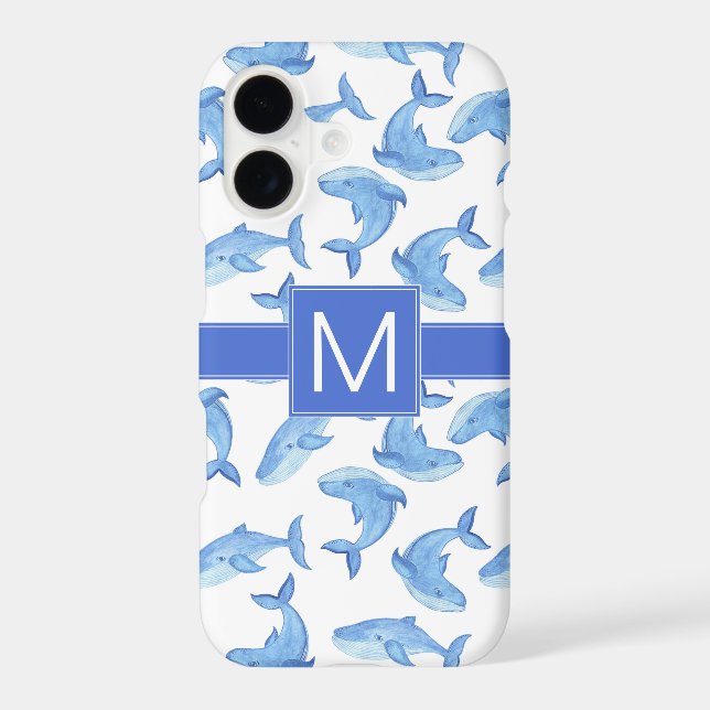 Monogram | Watercolor Blue Whale Pattern Iphone Case (Back)