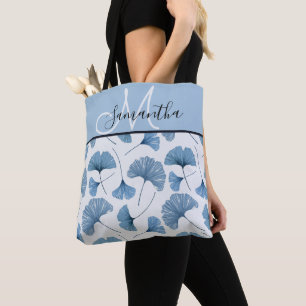 Monogram watercolor blue & white foliage tote bag