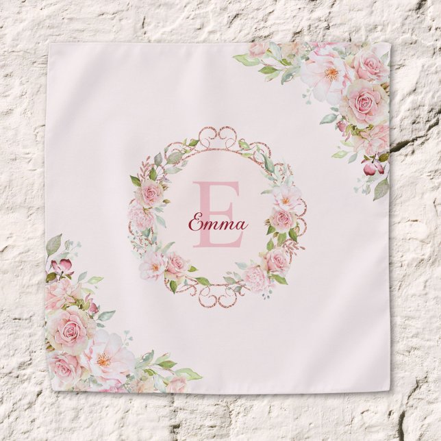 Monogram Watercolor Blush Pink Rose Flowers Floral Bandana (Close up)