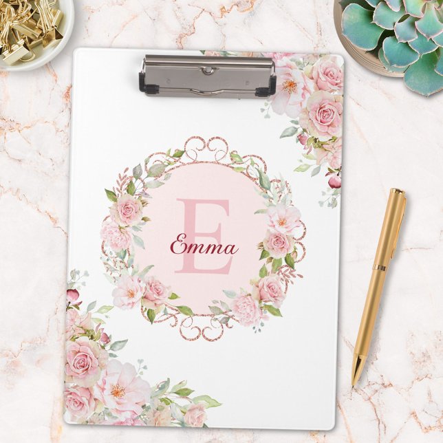 Monogram Watercolor Blush Pink Rose Flowers Floral Clipboard (In situ)
