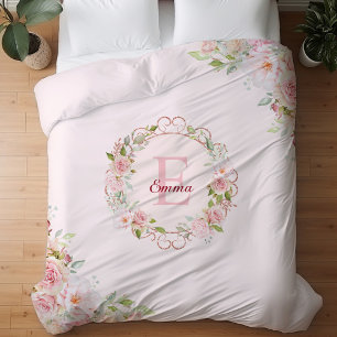 Monogram Watercolor Blush Pink Rose Flowers Floral Duvet Cover