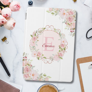 Monogram Watercolor Blush Pink Rose Flowers Floral iPad Mini Cover